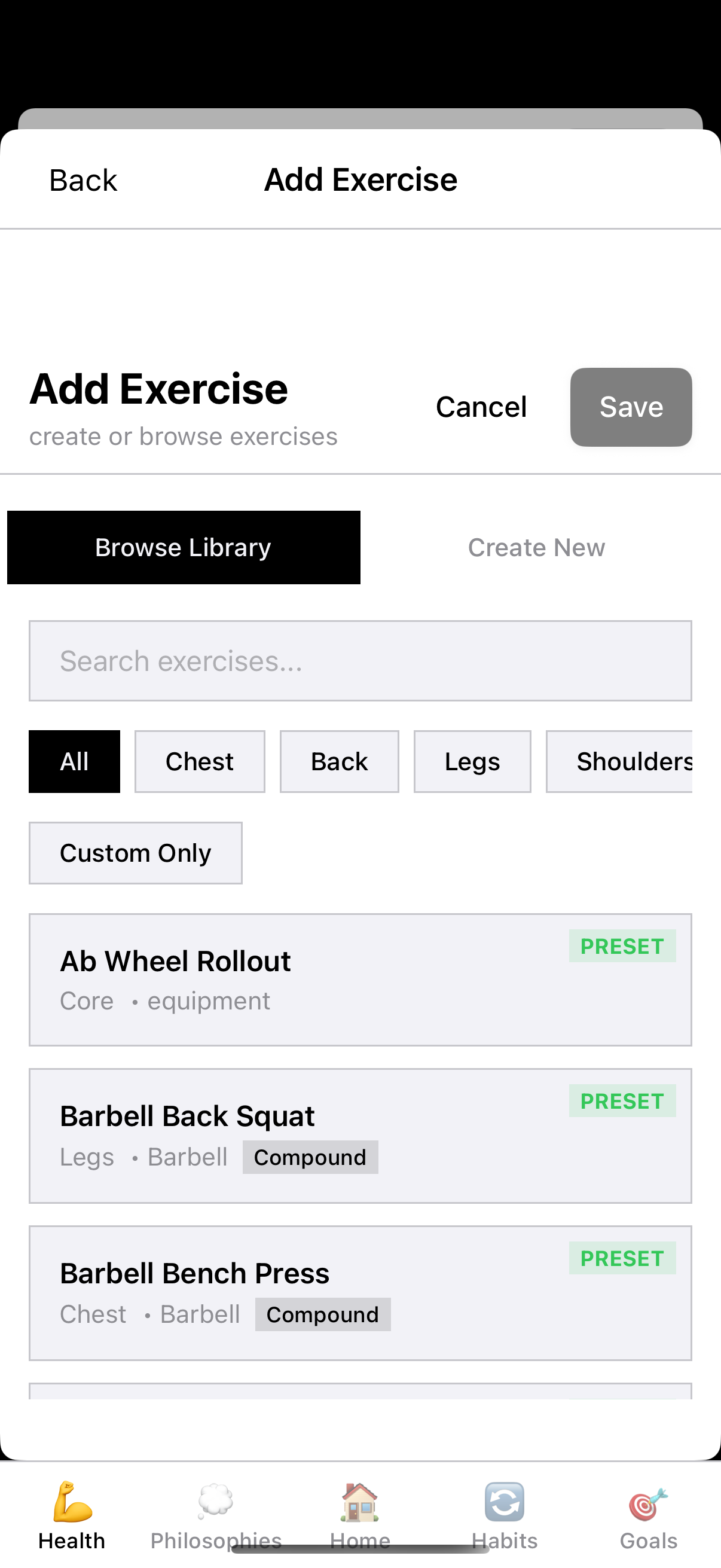 Add Exercise - Select from exercise library